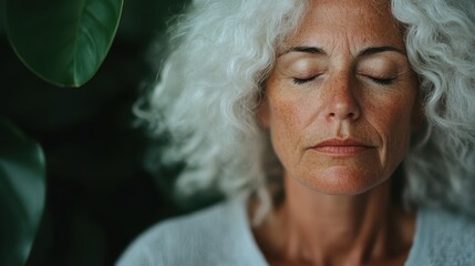 An older woman with white hair appears to be meditating with her eyes closed. The serene and calm expression on her face indicates a deep state of mindfulness.