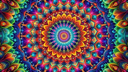Psychedelic Tapestry: Kaleidoscopic, vibrant colors, mind-bending textures, driving beats