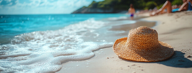 a wide background cover photo of a strew hat on beach sand  