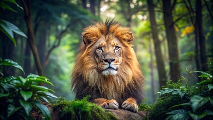 close-up shot of a majestic lion lounging in its natural habitat, surrounded by lush greenery and vibrant wildlife, showcasing the predator in its element.