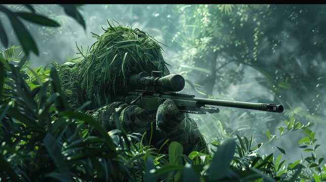 A sniper in full camouflage gear aims through a scope, hidden within dense jungle foliage, highlighting tactical expertise.