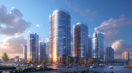 Fototapeta premium Urban skyline at dawn with modern skyscrapers reflecting morning light on a bustling city street. Generative AI