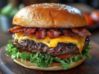 mouthwatering closeup of a gourmet bacon cheeseburger with layers of juicy beef patty crispy bacon melted cheese fresh lettuce and ripe tomato on a artisanal bun