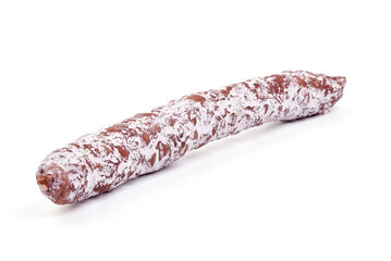 Traditional Spanish Fuet thin dried sausage, Close-up, isolated on a white background.