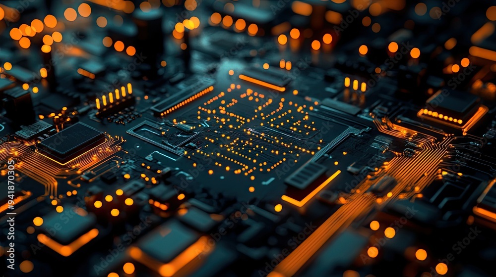 Poster detailed view of a circuit board with visible electrical wave patterns and glowing components