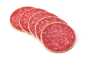 Salami with cheese, salami parmesano, isolated on white background.