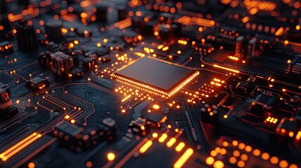 Detailed view of a circuit board with visible electrical wave patterns and glowing components