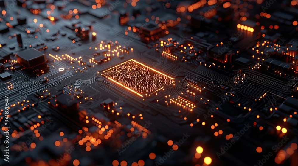 Poster detailed view of a circuit board with visible electrical wave patterns and glowing components