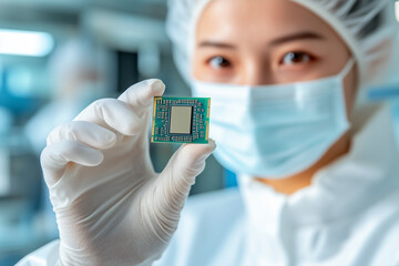 An Asian female worker in a white protective suit and mask holds a microchip