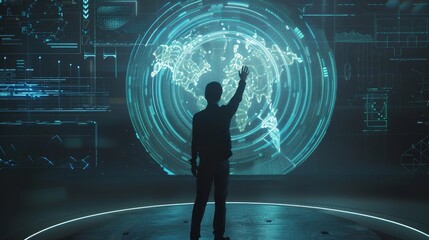 Individual interacts with a holographic world map, illustrating advanced technology, data integration, and futuristic innovation.