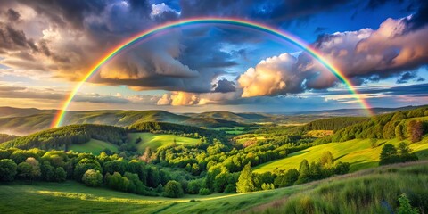 Fototapeta premium Rainbow Arcing Over Rolling Green Hills, Landscape Photography, Nature, Rainbow, Mountains