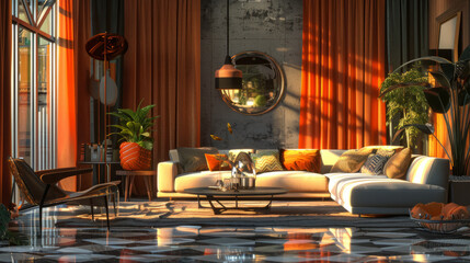 A living room in Vaporwave style, characterized by retro futuristic aesthetics, neon colors, pastel tones, and nostalgic elements that evoke 80s and 90s vibes.