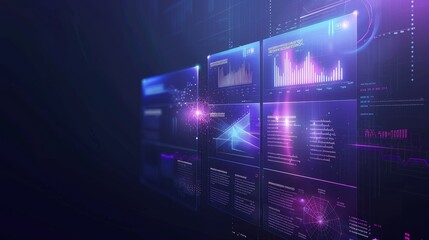 Three digital screens showcase a blend of data, graphs, and analytics, revealing a high-tech interface with a vibrant futuristic design.