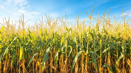 Obraz premium Detailed view of a cornfield with tall stalks and ripe corn ears, under a bright blue sky