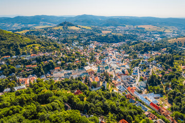 City of Banska Stiavnica with old castle and square,  UNESCO, Slovakia. Old Slovakia mining town of...