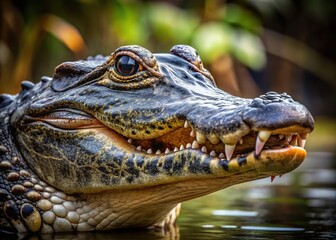 Fototapeta premium Close-up of an American alligator's scaly head, eyes fixed intently, jaws partially open, revealing sharp teeth, set against a murky, atmospheric swampy background.