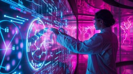 A female scientist in a futuristic laboratory is using a digital interface to interact with and analyze scientific data, highlighting the integration of technology in modern research.