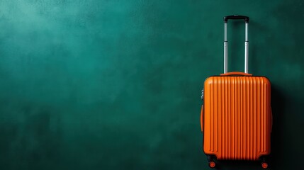 An orange suitcase with silver handles stands against a green backdrop in minimalist style, representing travel, adventure, and the promise of new experiences.