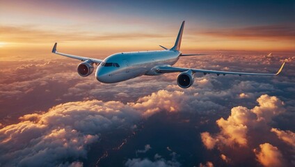 Airplane flying above clouds at sunset, with vibrant sky colors