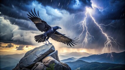 Obraz premium Raven's Stormy Arrival: Rain, lightning, raven landing on rock, turbulent