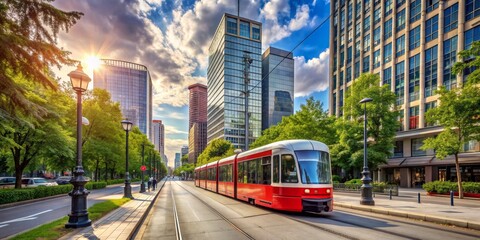 Obraz premium Red Tram Through Modern Cityscape, Tram, Urban, Transportation, City