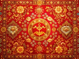 Red and Gold Tapestry: Traditional Chinese patterns, communist symbolism, vibrant colors, historical motifs, cultural heritage