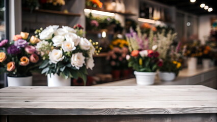 Wooden table top template on blured flowers store. Shop counter background for product display montage. Banner. Copy space 