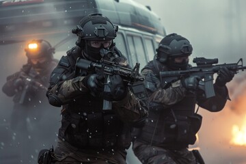 A group of heavily armed tactical operators in full gear, emerging through the smoke with firearms aimed in a dramatic action scene.