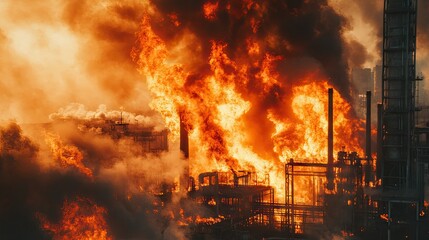Detailed view of a fire burning in an industrial area, with bright orange flames and heavy smoke clouding the surroundings