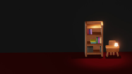 Bookshelf with table, chair, table lamp and spotlights in a dark room on a black and red background. 3D render