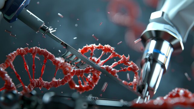 The image illustrates a detailed depiction of modern genetic engineering featuring precise DNA modifications using advanced robotic tools.
