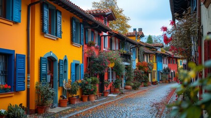 Fototapeta premium Colorful cobblestone street lined with vibrant houses and blooming flowers on a serene autumn day. Generative AI