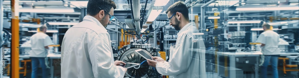 Aufkleber two engineers in white lab coats examining data on a digital tablet amidst cutting-edge machinery in