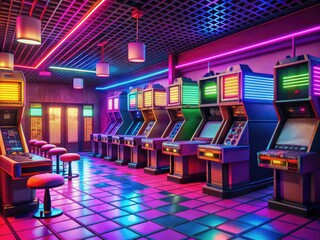 Retro Arcade: Neon, pixelated, vibrant colors, vintage gaming consoles, nostalgic atmosphere