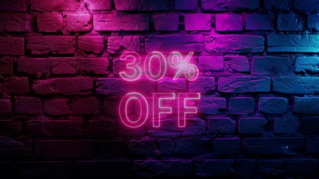 Video footage of Pink glowing 30% Off text neon on brick wall background. Looped Neon abstract Lines.