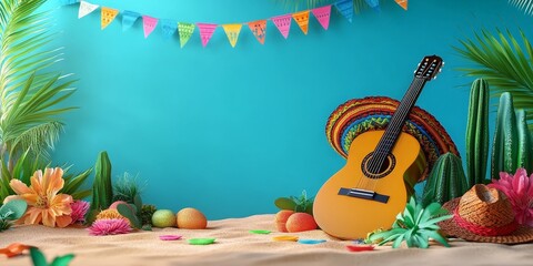 Naklejka premium Colorful Mexican Festival Scene with Guitar, Sombrero, and Cactus