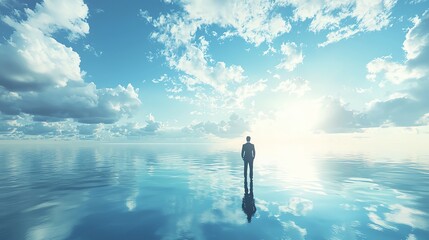 A solitary figure stands on a reflective surface, gazing at the expansive sky and clouds, evoking a sense of peace and contemplation.