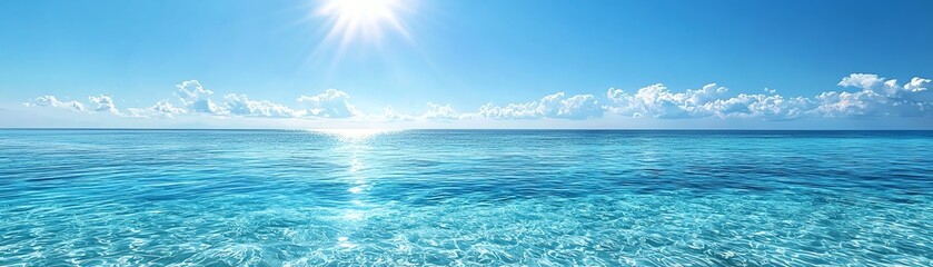 Obraz premium A tranquil ocean landscape featuring clear blue waters and a bright sun illuminating the horizon, perfect for relaxation.