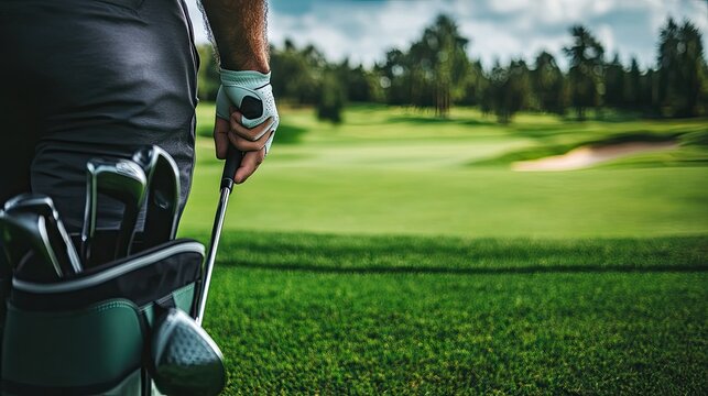 Detailed view of a golfer hand carefully selecting a club from a golf bag, with a well-groomed course in the background