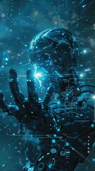 A detailed humanoid robot with bright blue circuitry reaching out, surrounded by digital overlays and holographic effects.