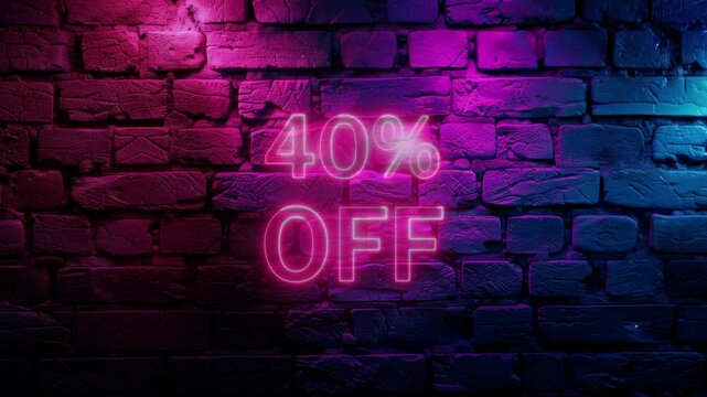 Video footage of Pink glowing 40% Off text neon on brick wall background. Looped Neon abstract Lines.