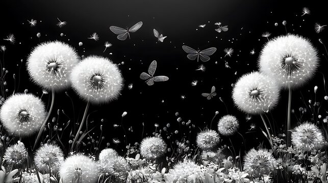 Fototapeta A field of white dandelions with delicate butterflies flying around them, all against a black background.