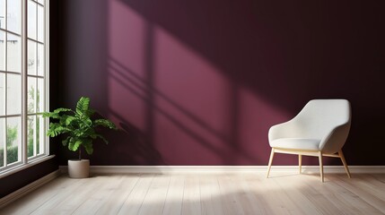 Modern room with dark purple wall, light birch floors, and a white armchair next to a large window and a potted green plant