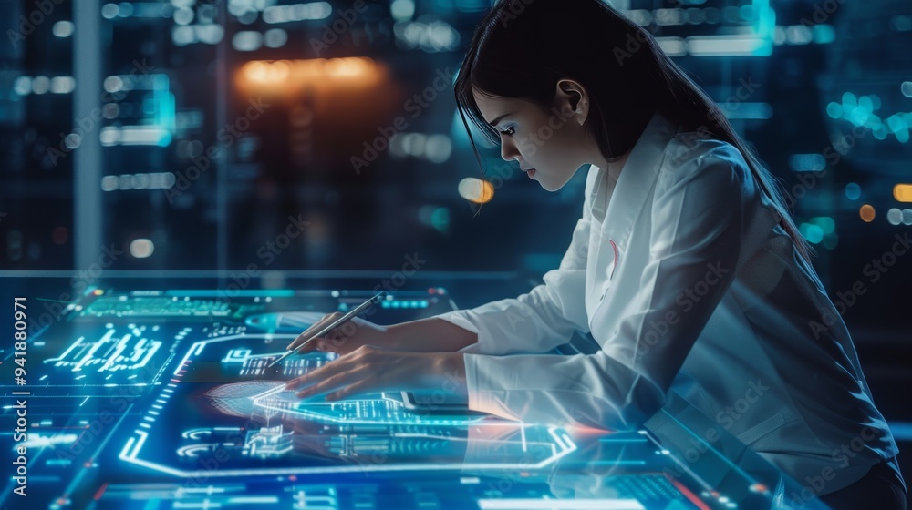 Poster a scientist deeply engrossed in work, interacting with a futuristic touchscreen interface that displ