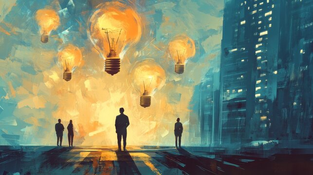 Abstract depiction of venture capital power law with oversized glowing light bulbs and silhouetted figures in a cityscape background