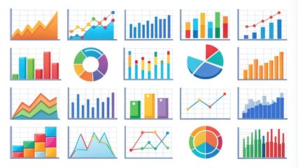 Obraz premium Colorful graphs, charts, and icons on a white background, arranged to create a customizable and editable visual representation of data and information for business presentations.
