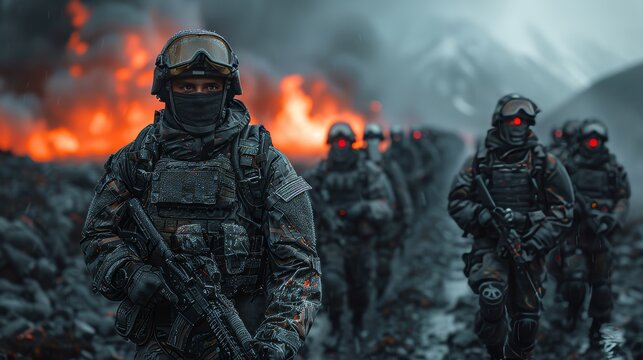 Heavily armed soldiers march through a battlefield, engulfed in flames and smoke, showcasing military intensity.