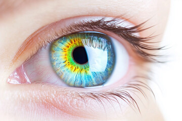 Close-up of a colorful eye against a white background