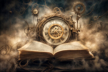 Mysterious book. Ancient manuscript with clock. Steampunk fantasy of time