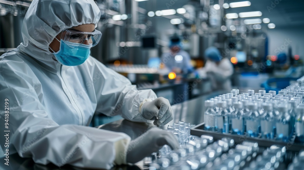 Poster workers in protective gear and masks work diligently in a sterile pharmaceutical laboratory, inspect